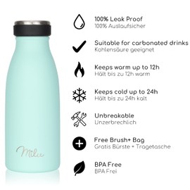 Milu Stainless Steel Drink Bottle, Vacuum Flask for Children and Adults, Leak-Proof, Insulated Flask, Suitable for Carbonated Drinks, 350 ml, 500 ml, 750 ml, 1 L, 1.5 L, incl. Cleaning Brush, Mint,