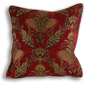 Shiraz Large Square Cushion Cover - Burgundy Red - Embroidered Damask Jacquard - Gold Piped Edges - Reversible - Zip Closure - 100% Polyester - 58 x 58cm (23" x 23" inches) - Made by Riva Paoletti