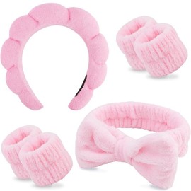Bubble Headband and Bowknot hair band & Wristband Set Face wash Skincare Headband Pink Puffy Makeup Headband Face Wash Headband Sponge Hair Band Wrist Bands for Washing Face Skin Care Teen Girl Gifts Trendy Stuff