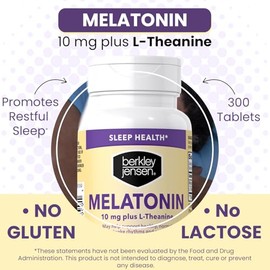 Berkley Jensen Botella de melatonina de 10 mg, 300 tabletas - Suplemento para dormir con L-teanina - Apoya el sueño reparador y ciclos de sueño/vigili