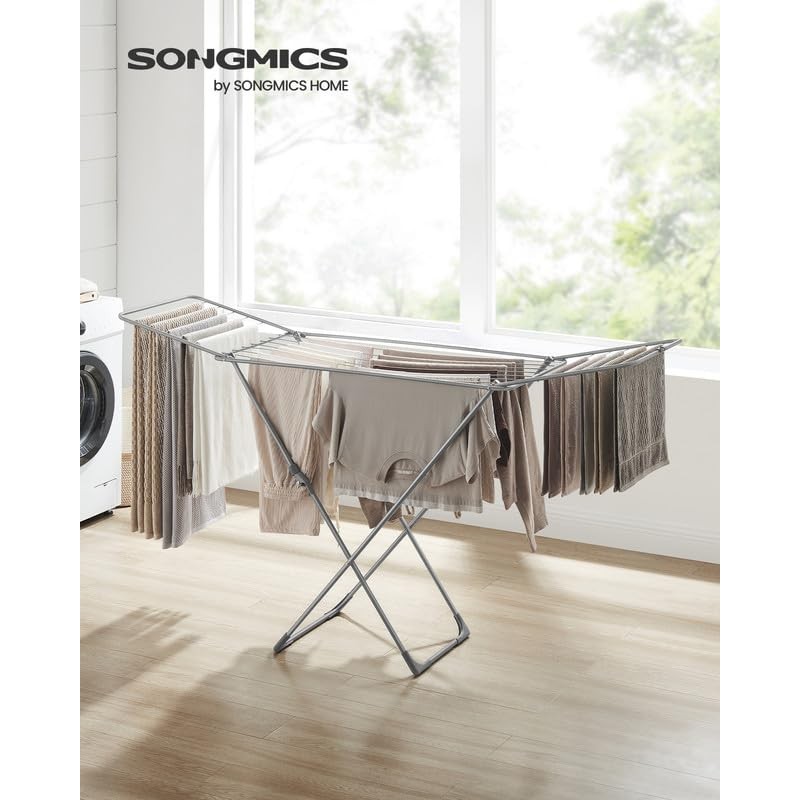 SONGMICS Clothes Drying Rack, Metal Laundry Drying Rack, Foldable, Space-Saving,