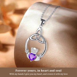 ETERMBOL Amethyst Birthstone Necklaces for Women 925 Sterling Silver Irish Claddagh Necklace for Women February Heart Birthstone Pendant Necklace Anniversary Birthday Gifts for Wife Lady
