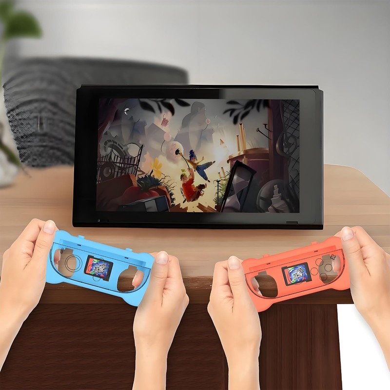 PETFROH Switch 2用 Joy-Con ハンドル グリップ 左右セット【人間工学デザイン・ゲームカード収納・親肌素材】装着簡単・滑り止め・快適操作 (ブルー＆オレンジ)