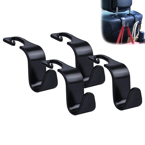 Amooca Car Seat Headrest Hook 4 Pack Hanger Storage Organizer Universal for Handbag Purse Coat Universal fit Vehicle Car Black with Buckle