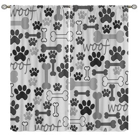 Yearn Jear Dog Paw Print Curtains, Grey Cartoon Dog Paw and Bones Window Treatment Thermal Insulated Curtain for Kids Living Room Bedroom 2 Panels Set, 42x45 inch Decor