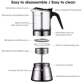 Jiawu Pot, Classic Stovetop Espresso Maker, Stainless Steel Italian and Cuban Greca Coffee Maker, Premium Crystal Glass Top Espresso Pot, Easy to Operate & Quick Cleanup (360ml)