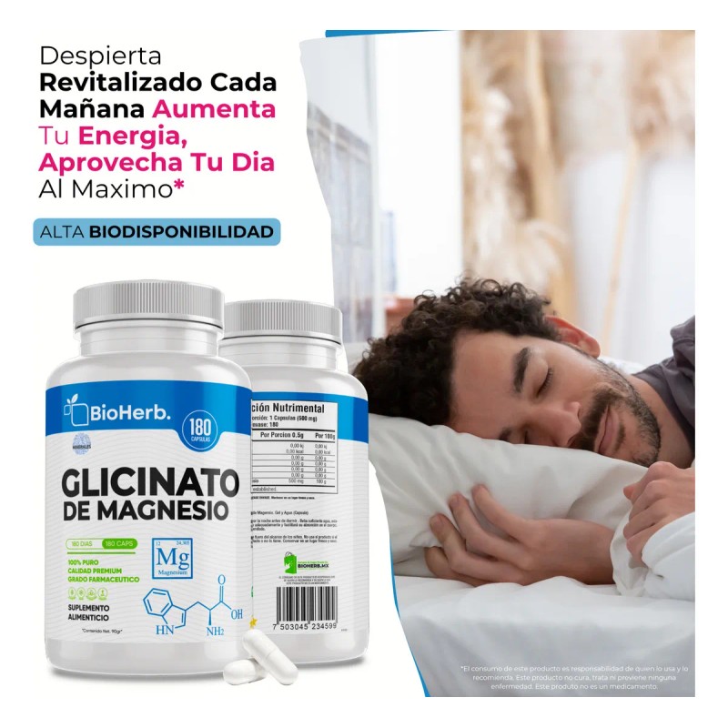 Glicinato De Magnesio 100% Puro Bioherb 180 Cápsulas 500mg Sabor
