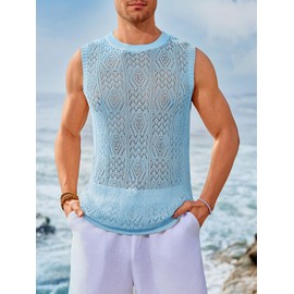 Runcati Mens Sleeveless Crewneck Tank Top Casual Mesh Hollow Out Cotton Knit Summer Beach T Shirt Sky Blue