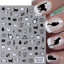 Cat Nail Art Sticker Black Nail Decals 3D Self-Adhesive 4PCS Cute Cat Stickers for Nail White Black Panda Dog Nail Art Design Sticker Cute Nail Stickers for Women and Girls Nail Decoration Accessories