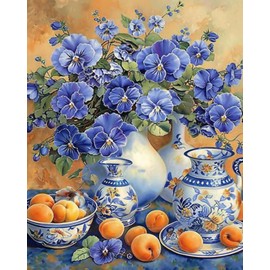 Flower Paint By Bumbers For Adults Beginner Bule Flowers Vase DIY Paint by Numbers Acrylic Paint Canvas Vintage Exquisite Bedroom Decor Painting Kits Flower Furit Art 16x20 Inch （without Frame ）