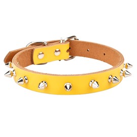 Aolove Basic Classic Adjustable Genuine Cow Leather Pet Collars for Cats Puppy Dogs (X-Large/Neck 14.2"-18.1", Yellow-Spiked Rivet)