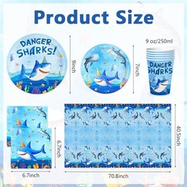 Shark Partygeschirr Set,Cute Shark Wiederverwendbare Geburtstag Geschirr Kit Abendessen Dessert Teller Servietten Tassen, Kinder Geburtstagsparty Tischdeko für 10 Personen