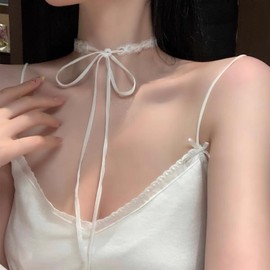 Aneneiceera Vintage Hollow Lace Choker Necklace White Tulle Lace Necklaces Long Satin Tail Tie Up Choker Necklaces Bow Tie Up Necklace Chain Jewelry for Women (White)