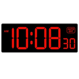 Soobest LED Digital Wall Clock, Large Digital Clock Bold Numbers with Seconds for Seniors Visually Impaired，Plug Electric Clock Dimmable Auto DST Large Display 10 Inches (Red)