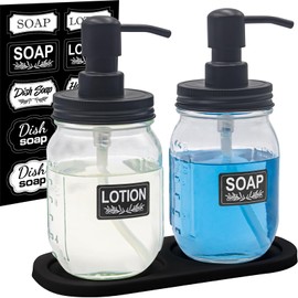 Mason Jar Soap Dispenser Set with 16 Ounce Mason Jar， Non-Slip Coaster, Made from Rust Proof Stainless Steel, Soap Labels (Black-1)
