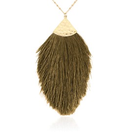 RIAH FASHION Antique Bohemian Silky Thread Fan Tassel Statement Necklace - Vintage Gold Feather Shape Strand Fringe Lightweight Long Chain (Feather Fringe - Olive)