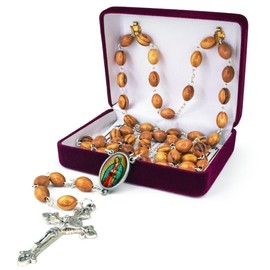 Our Lady of Guadalupe, Wooden Catholic Rosary Necklace from Israel, Olive Wood Rosary Beads with Icon Portrait & Crucifix Cross Pendant, Confirmation & Communion Rosaries for Men & Women