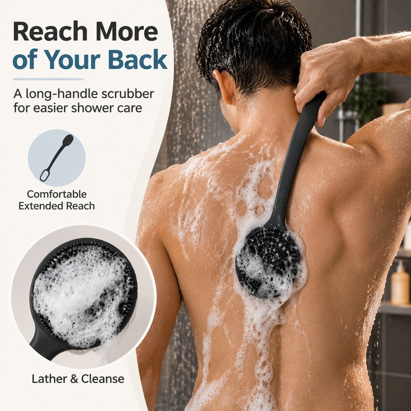 Silicone Back Scrubber Brush for Shower – Long Handle Double-Sided