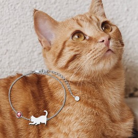 LONAGO Cat Bracelet 925 Sterling Silver Cute Cat with Birthstone Bracelet Jewellery for Women, Sterling Silver