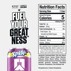RYSE Fuel Sugar Free Energy Drink | Vegan Friendly, Gluten Free | No Fillers & No Artificial Colors | Low Calorie | 200mg Natural Caffeine | 12 Pack (Kool Aid Grape)