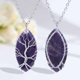 Thajaling Vintage Amethyst Reiki Healing Crystal Pendant Necklace Silver Tree of Life Wire Wrapped Purple Stone Gemstone Chakra Necklace