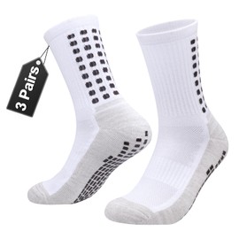 YUEDGE Men's Soccer Grip Socks Anti Slip Non Slip Cotton White Cushioned Football Basketball Sports Grip Socks Size 9-11, 3 Pairs