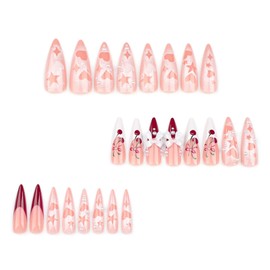 French Tip Press on Nails Long Stiletto Fake Nails Love Star Imprint Glue on Nails with 3D Bow Pearl Design Glossy Reusable Acrylic Full Cover Cherry Stick on Nails for Women Christmas Manicure 24Pcs
