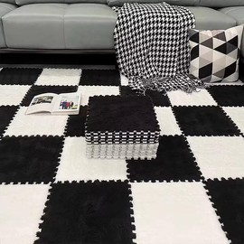 20pcs Plush Puzzle Foam Floor Mat, 11.8x11.8in Soft Interlocking Carpet Tiles，Anti-Slip Puzzle Area Rug Playmat for Room，Black White