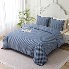 Mywinlle Navy Blue Gingham Pompom Duvet Cover Bedding Set Queen Size,3 Pieces 100% Washed Cotton Cute Plaid Checkered Comforter Cover Set(Queen 90"x90", Comforter Not Included)