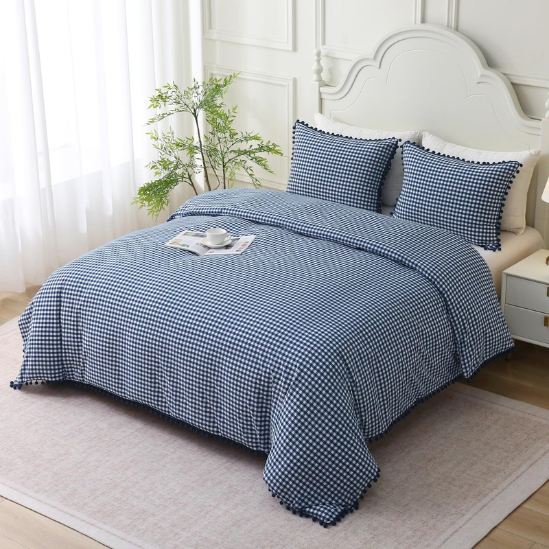 Mywinlle Navy Blue Gingham Pompom Duvet Cover Bedding Set Queen