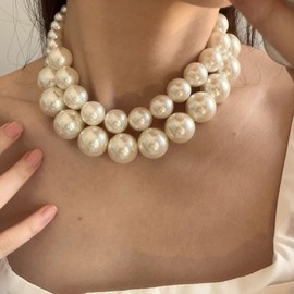 2Pcs Layered Large Pearl Necklaces for Women Pearl Choker Necklace Big Pearl Necklace Gifts for Ladies Pearl Bead Necklace