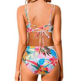 Holipick Women Colorful Floral High Waisted Bikini Set Two Piece Swimsuits Push up Wrap Swim Suits Top Tummy Control Bathing Suit L