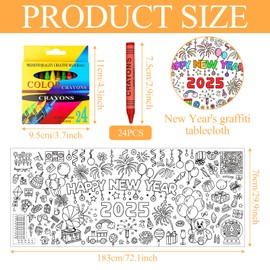 Paper Tablecloth for Colouring, New Year's Eve Decoration 2025, Happy New Year Colouring Tablecloth Paper with 24 Colouring Pencils, New Year Colouring Tablecloth, Children New Year's Eve Tablecloth,