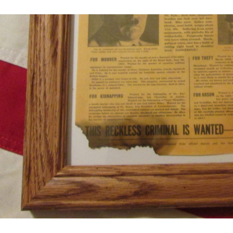 Framed World War Two, WW2 Newspaper. Nazi ADOLF HITLER Wanted