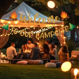 Camping Themed Party Decorations Banner, Glitter Welcome to Our Campsite Banner, Camping Decor Camp Bachelorette Party Decor Supplies for Classroom
