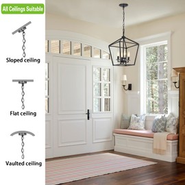 Untrammelife 4-Light Black Lantern Pendant Light, Adjustable Height Square Cage Pendant Hanging Lighting Fixture 11’’W Rustic Lantern Chandelier for Dining Room Kitchen Island Foyer