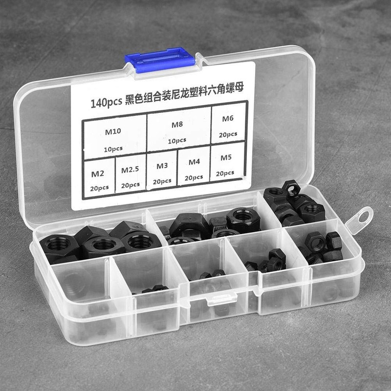 Akozon Nylon Nut 140 Pieces M2/M2.5/M3/M4/M5/M6/M8/M10 Thread Nylon Plastic Hex