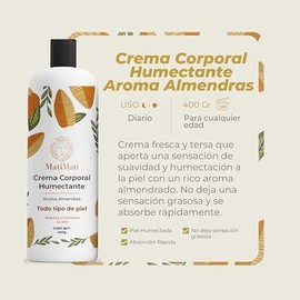 Crema Corporal Humectante Aroma Almendras MatiMati Para manos, Suavidad, Ligera, Fresca 400 g