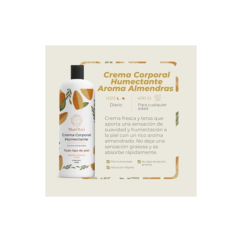 Crema Corporal Humectante Aroma Almendras MatiMati Para manos, Suavidad, Ligera,