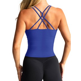 LASLULU Womens Sports Bra Strappy High Neck Longline Athletic Yoga Running Gym Workout Crop Tops Clothes Padded Workout Tank Tops with Built in Bra (Dazzling Blue, Large)