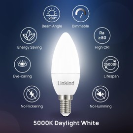 Linkind Linkind Dimmbar E14 LED Kerze Lampe Kaltwei? 5000K, 5W ersetzt 40W Glhlampen, 470 Lumen B35/C35 E14 Kerzenlampe mit 280 Strahlwinkel, Kein Flackern, 3 Stck