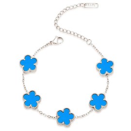 FLY FEI 18K Gold-Plated Four Leaf Clover Bracelet for Women,Adjustable lucky Bracelet Jewelry Gift-Hypoallergenic Charm for Birthdays, Wellness & Daily Wear(style02-Blue(silvery))