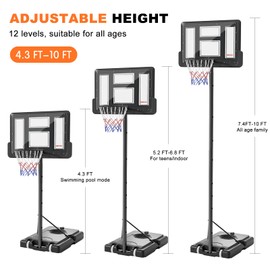 Basketball Hoop Outdoor Indoor Sport Portable PVC Backboard for Junior Teenagers Youth Adults, Adjustable 4.3-10 ft Pool Basketball Goal