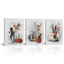 Biuteawal 3 Piece Grey Dining Room Picture Kitchenware Picture Painting Kitchen Wall Decor Floral in Vase Painting Still Life Artwork Home Restaurant Decoration