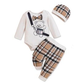 0-3 Months Baby Boy Clothes Newborn Boy Outfit Infant Romper Winter Fall Long Sleeve Little Bear Print Top Pants 3PC Clothing Set Cute Hat Apricot