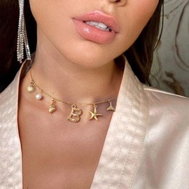ALRNBY Gold Charm Choker Necklace for Women Initial Boho Necklace Bubble Letter A-Z Pendant Shell Starfish Necklace Beach Necklace (B)