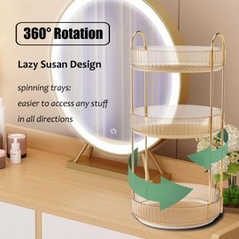 Zufudo Rotating Makeup Organizer Countertop 3 Tier Lazy Susan Trays Clear Skincare Perfume Storage for Bathroom Counter Vanity, Amber Gold