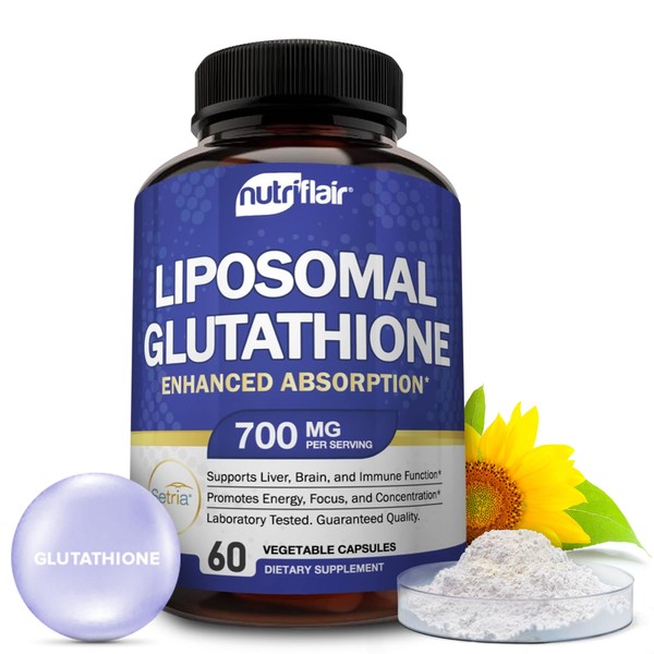 NutriFlair Liposomal Glutathione Supplement Setria® 700mg - Pure Reduced, Stable, Active Form L Glutathione reductase (GSH) - Non GMO Antioxidant Support, Detox, Cardiovascular, Brain, Immune Health