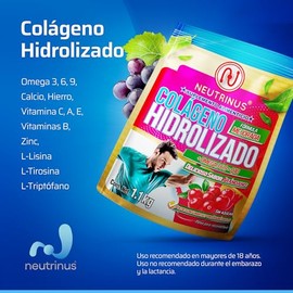 Colageno Hidrolizado Marca NEUTRINUS con Omegas 3, 6, 9, Coenzima Q10 y Vitaminas, Sabor Arandano, Presentacion 1.1kg, Suplemento en Polvo. TECNUTRITI