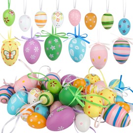 Jangostor Pack of 50 Painted Plastic Eggs, 2 Sizes for Hanging Easter Egg Decorations with Different Style Dots, Stripes, Flowers for Tree, School, Home, Office, Party Accessories, Easter Day